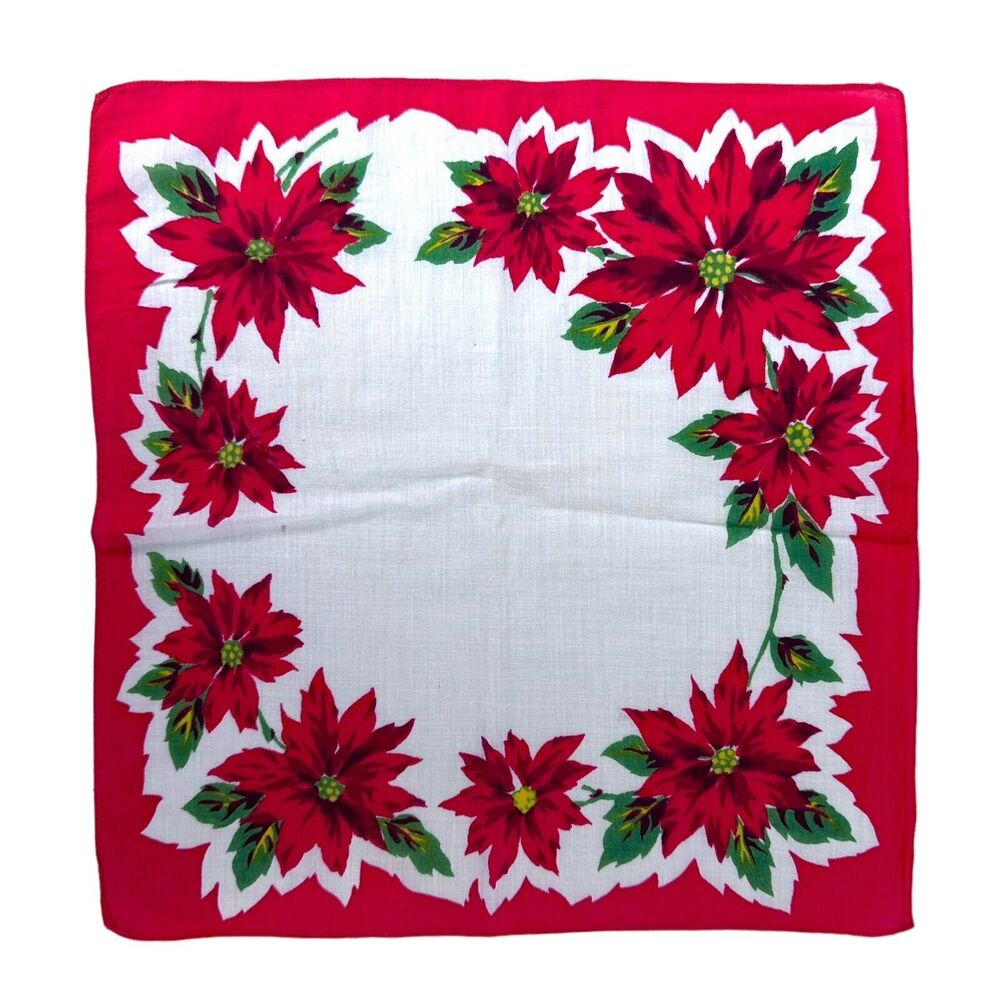 Red Poinsettia Flower Handkerchief Vintage Hanky Pocket Scarf Winter Green Hanky